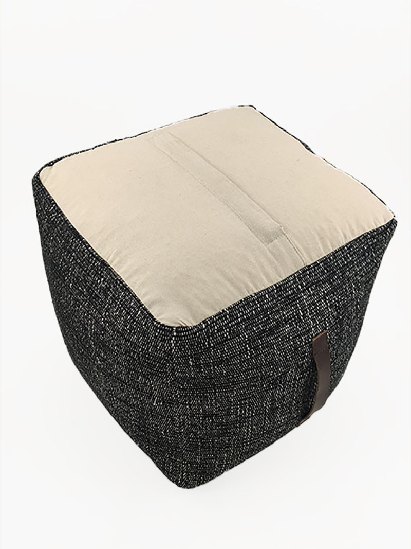 Black Cotton Pouf With Leather Handle PF-046