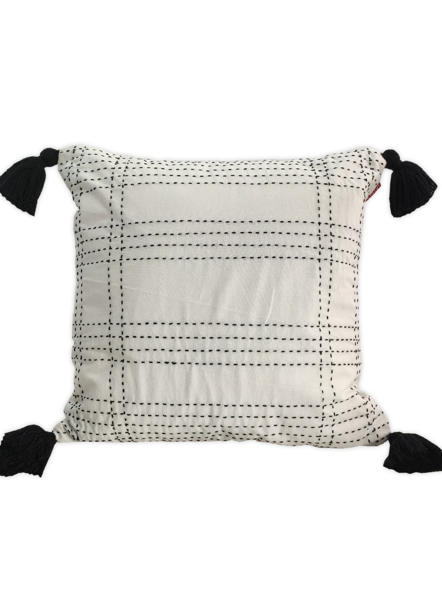Embroidery White And Black Cotton Cushion With Tassel CS-193
