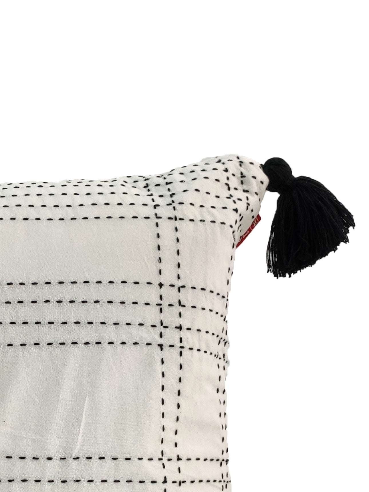 Embroidery White And Black Cotton Cushion With Tassel CS-193