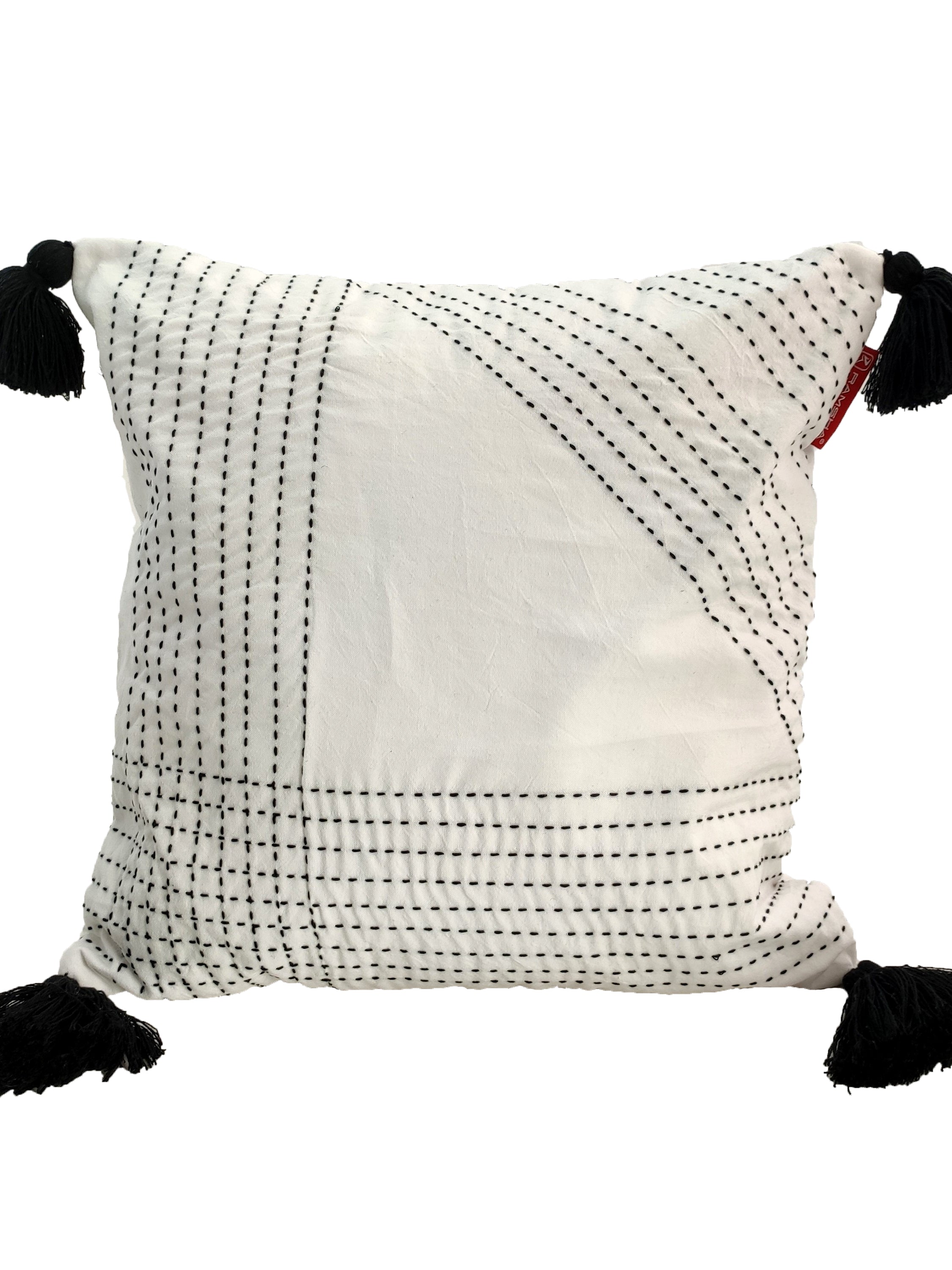 Embroidery White And Black Cotton Cushion With Tassel CS-190