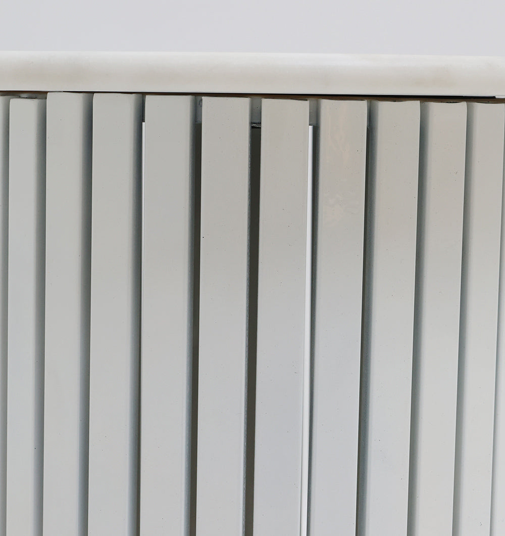 Side close-up detailing the elegant white gloss marble and the sturdy construction, merging functionality with refined aesthetics.