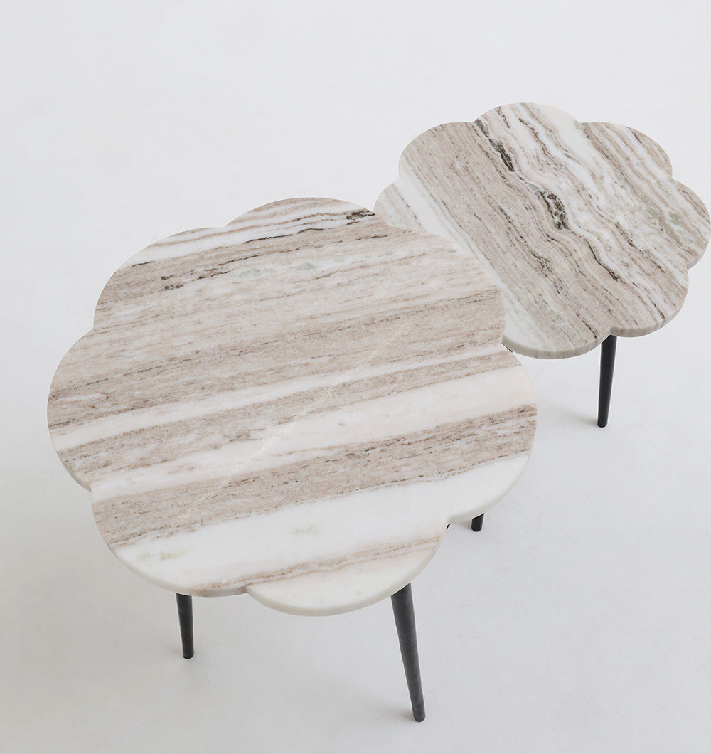 Top-down view showcasing the irregular shape and high-quality marble tops designed to maximize space.