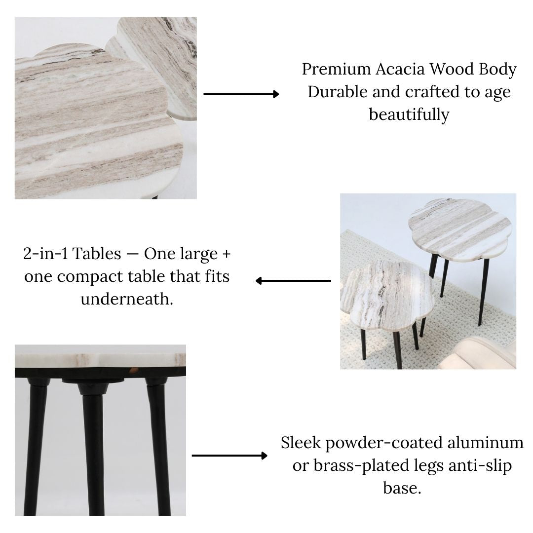Graphic detailing the practical functionality and easy arrangement capability of the unique nesting table set.