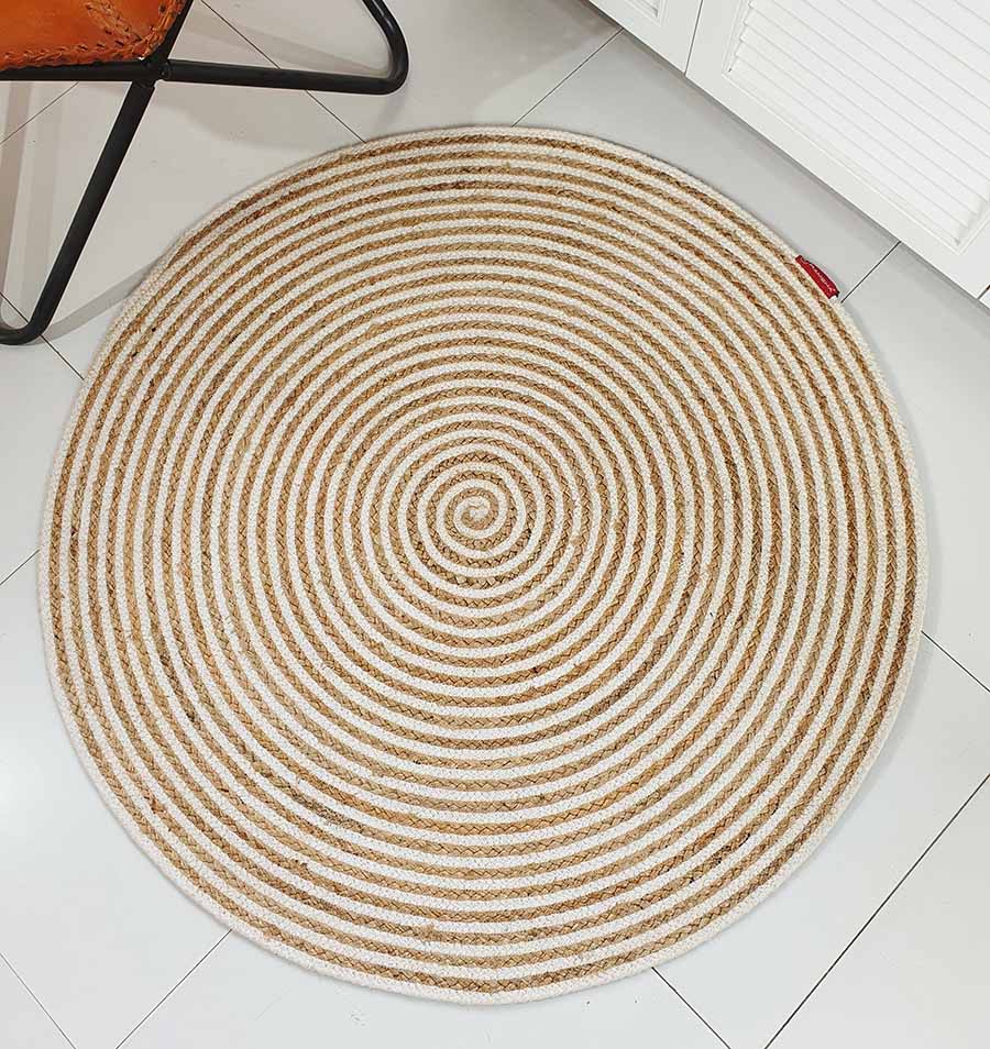 Handmade Natural & White Color Braided Jute Round Rug - BR 012