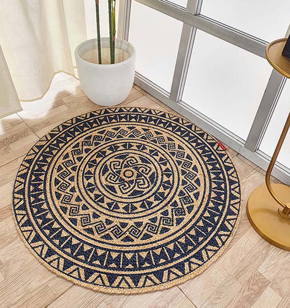 Printed Jute Round Rug Natural And Black Color BR-059