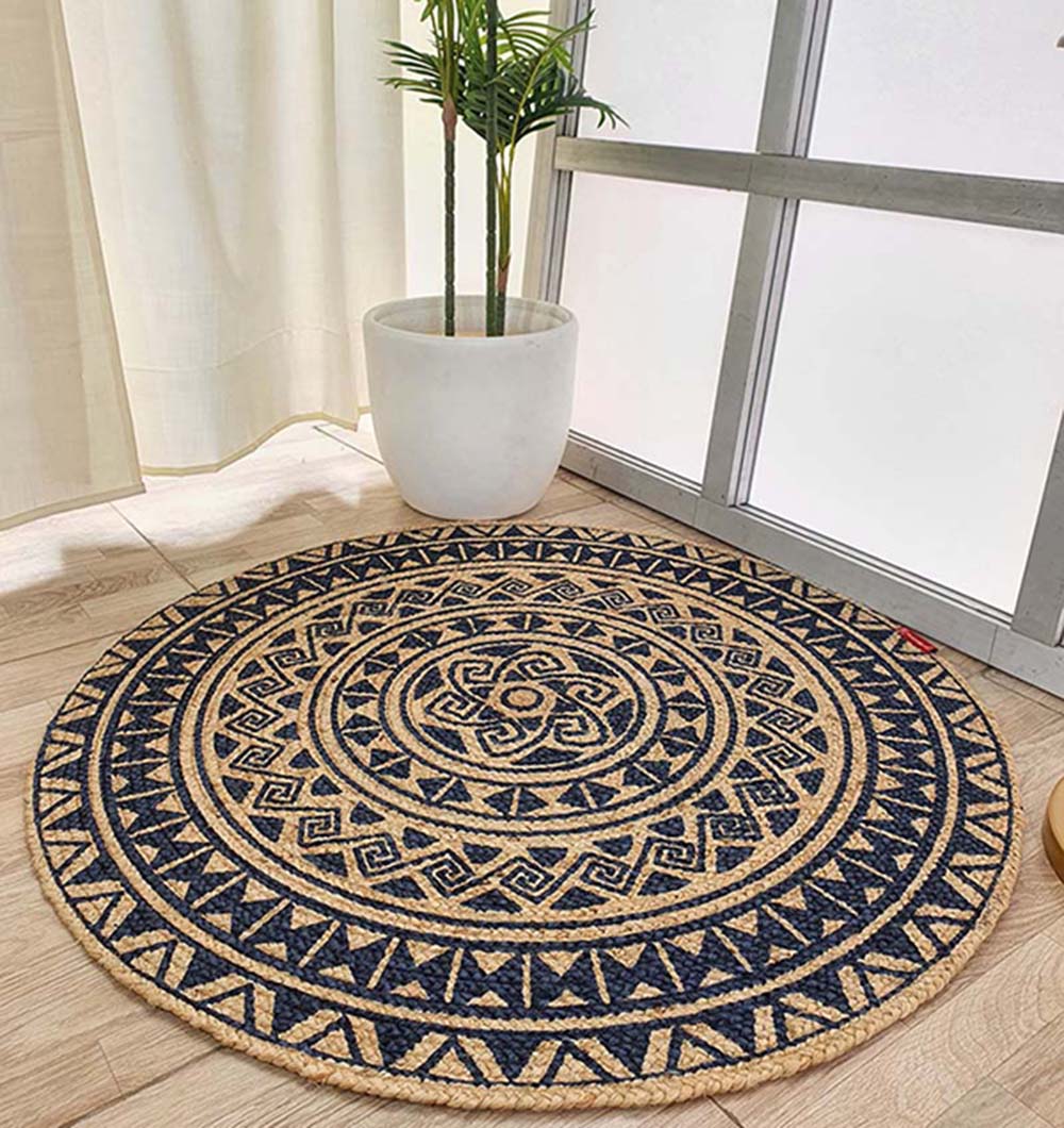 Printed Jute Round Rug Natural And Black Color BR-059