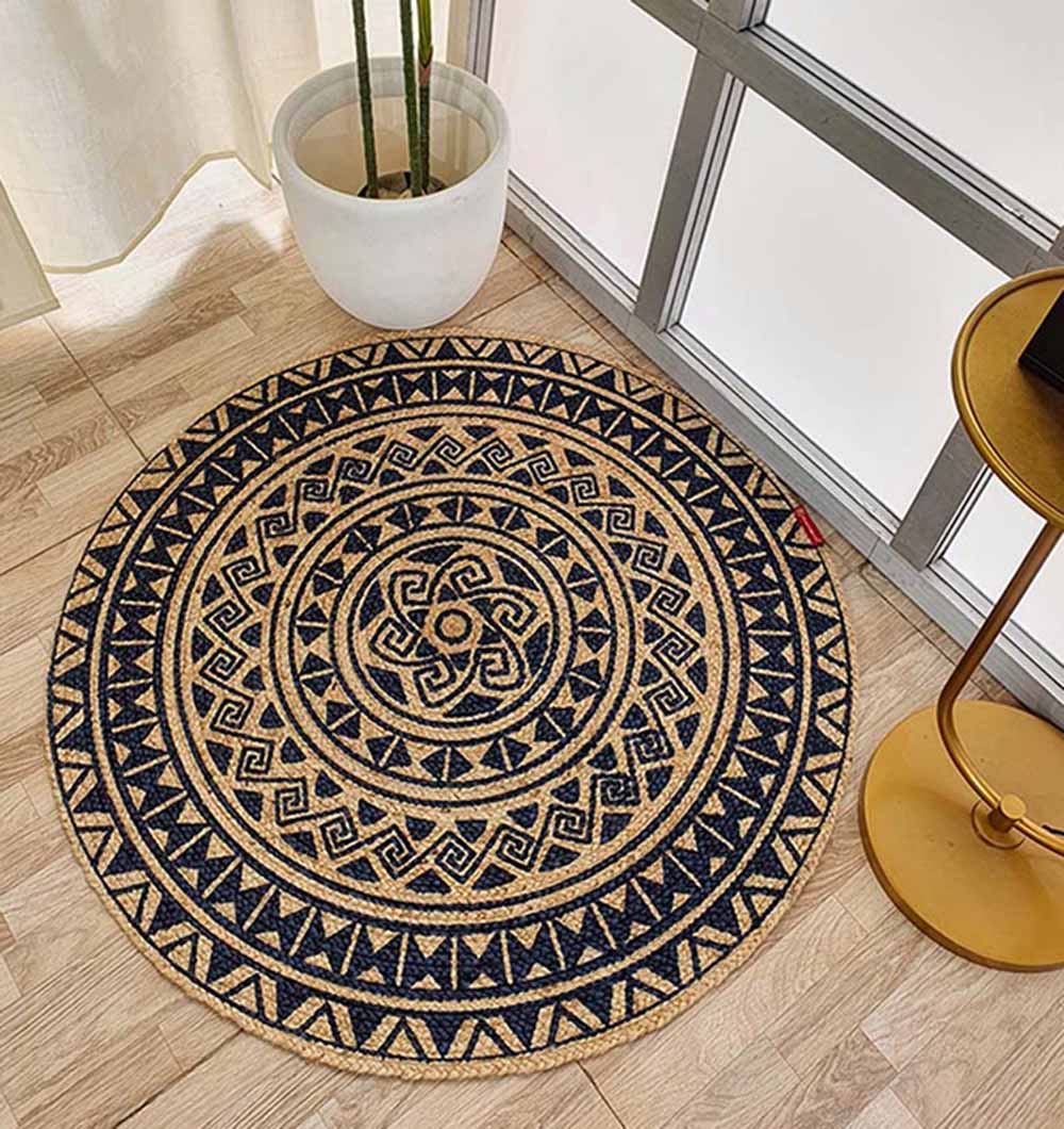 Printed Jute Round Rug Natural And Black Color BR-059