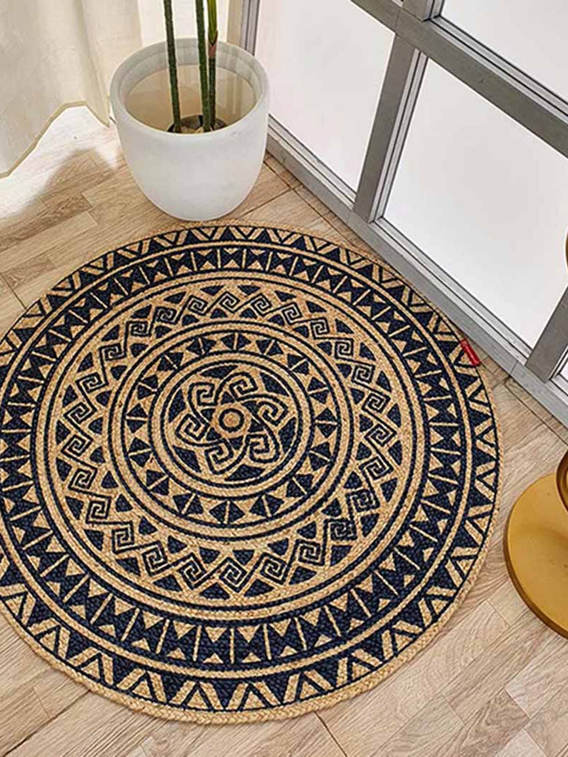 Printed Jute Round Rug Natural And Black Color BR-059