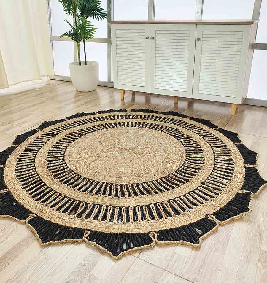 Natural & Black Jute Floor Rug Round Shape CR-012