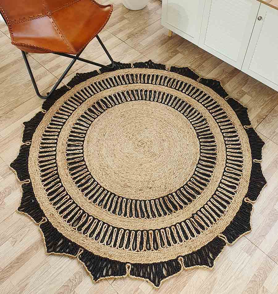 Natural & Black Jute Floor Rug Round Shape CR-012