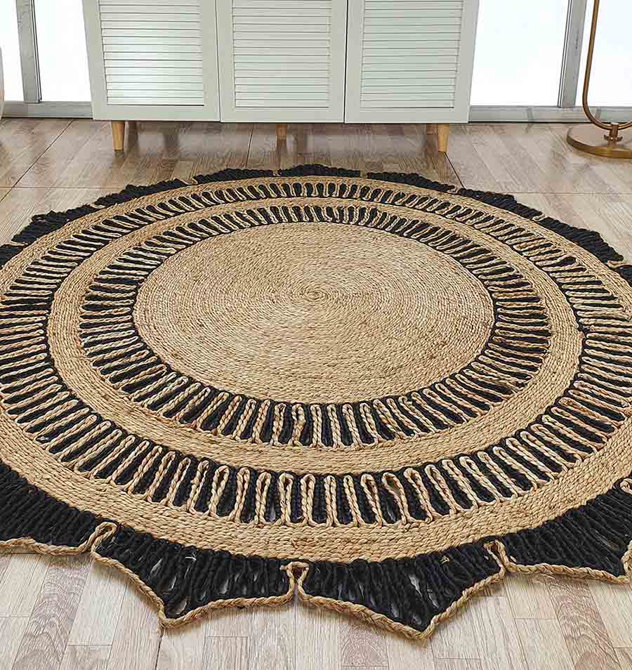 Natural & Black Jute Floor Rug Round Shape CR-012