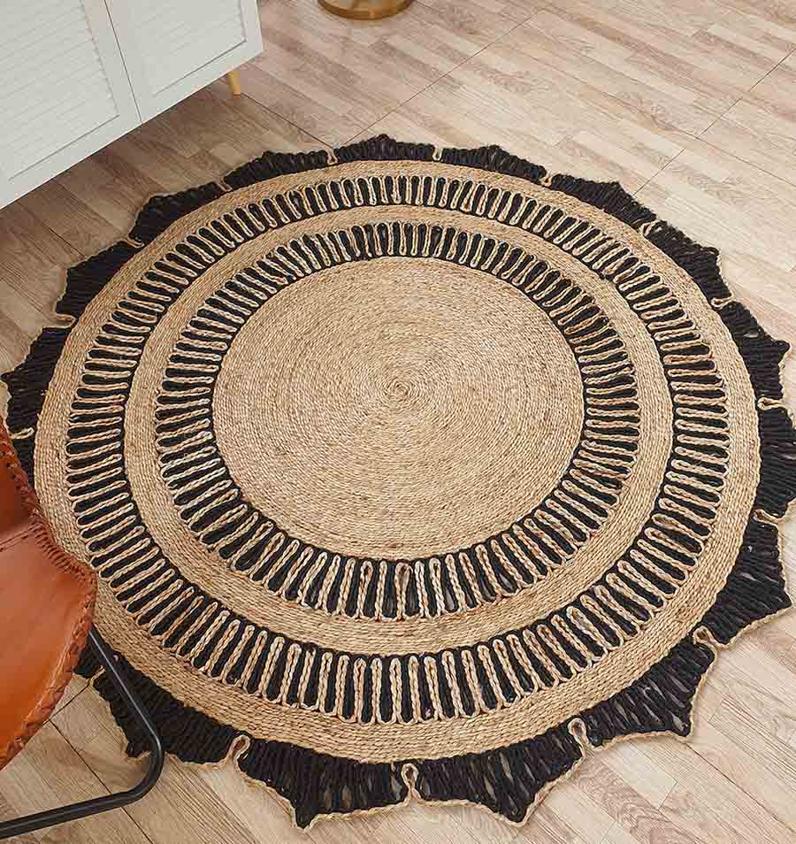 Natural & Black Jute Floor Rug Round Shape CR-012