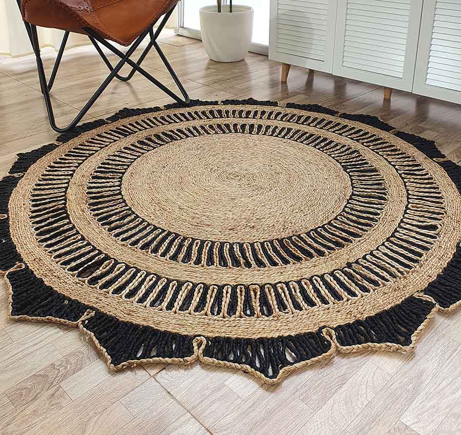 Natural & Black Jute Floor Rug Round Shape CR-012