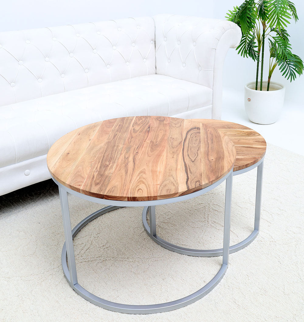 Modern Nesting Coffee Table Set – Round Wooden Top with Metal Frame GH-001