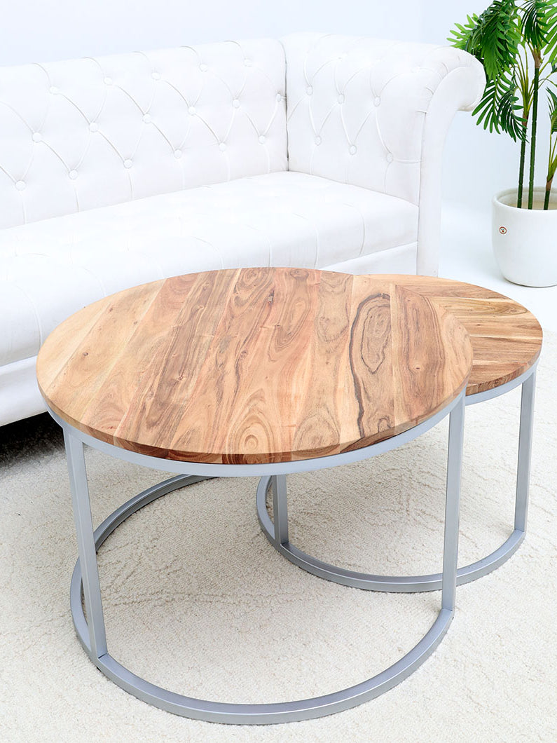 Modern Nesting Coffee Table Set – Round Wooden Top with Metal Frame GH-001