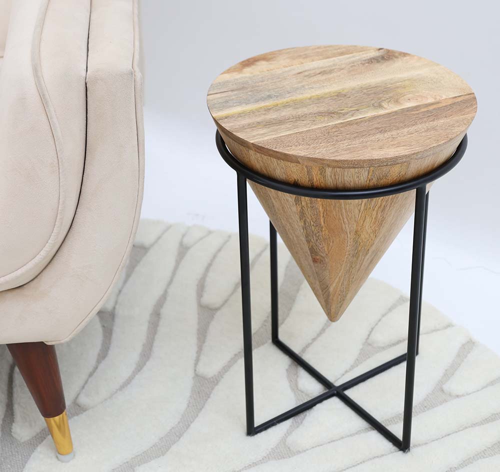 Modern Cone Accent Side Table – Solid Wood & Iron Base GH-002