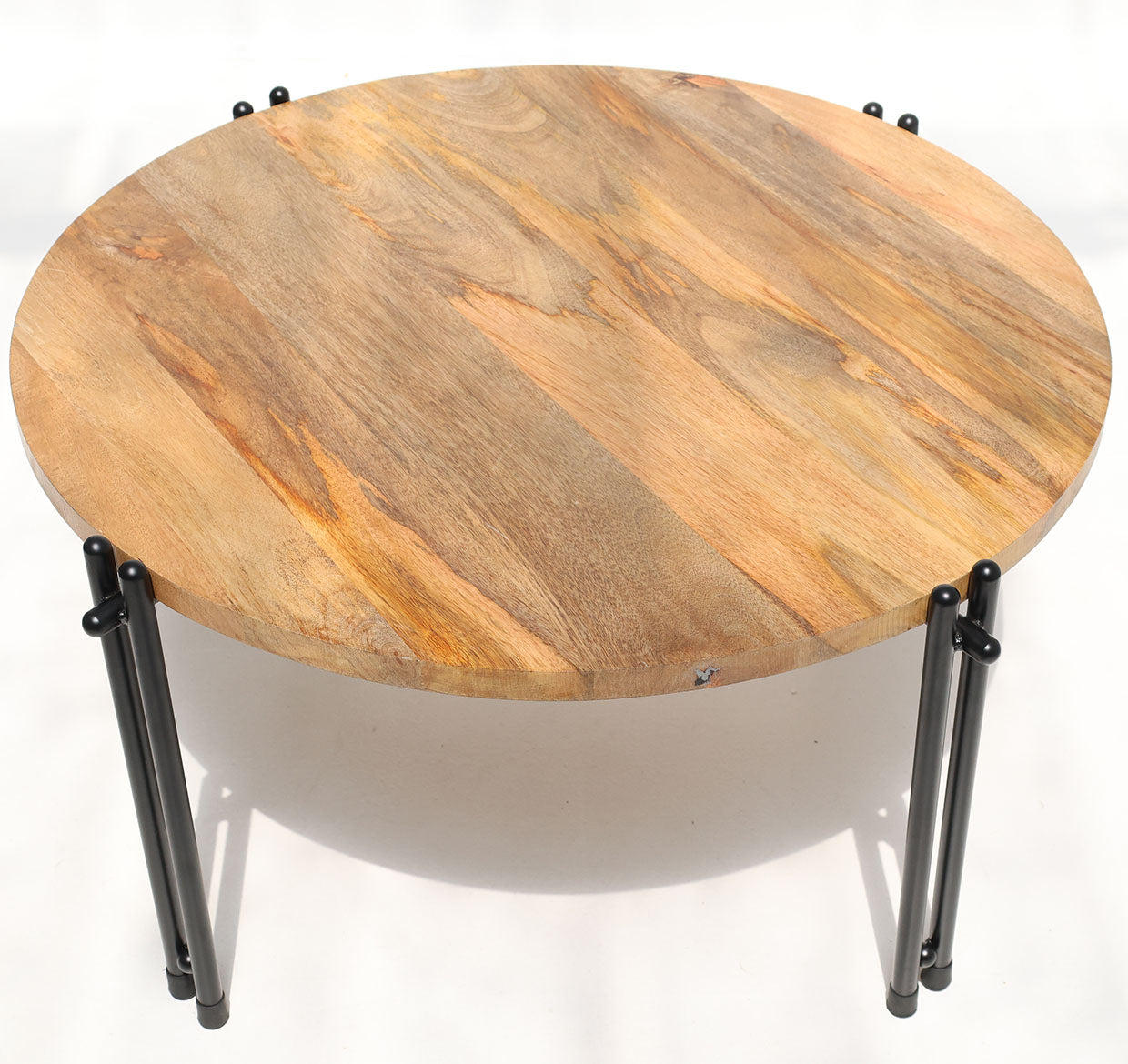 Modern Round Coffee Table – Solid Wood Top with Black Iron Legs GH-067