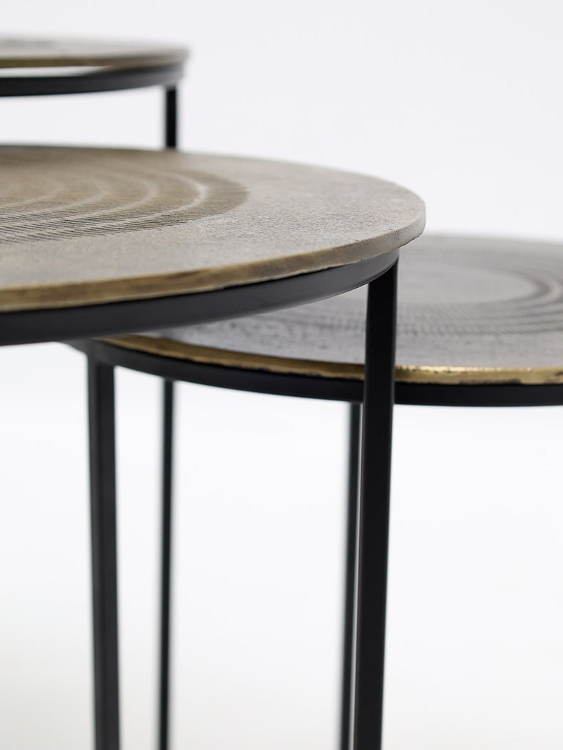 Side profile of the nested tables, highlighting the minimalist design and sturdy construction for durability.