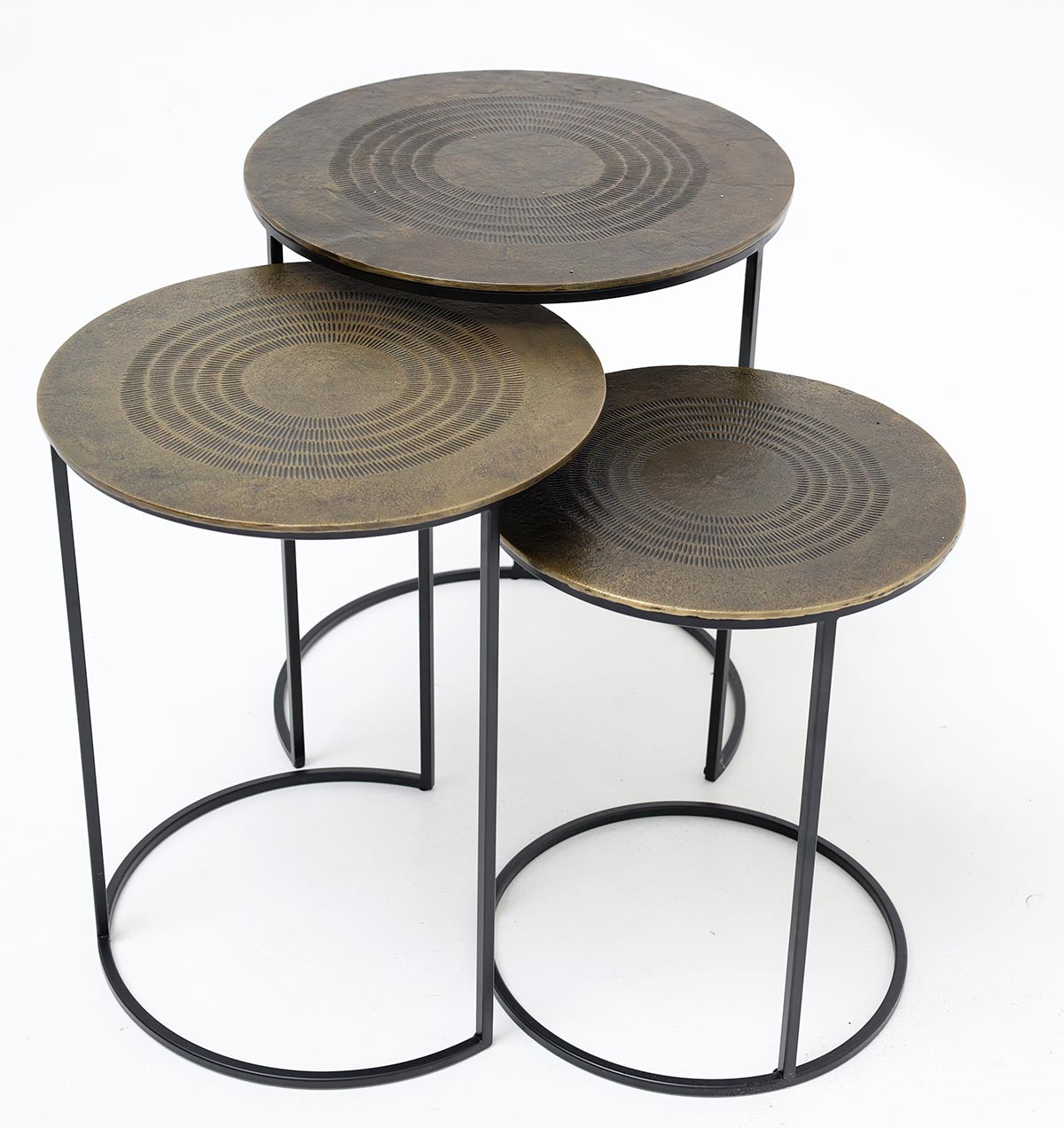 Main product image of the set of 3 nesting side tables with an antique brass finish and black iron base.