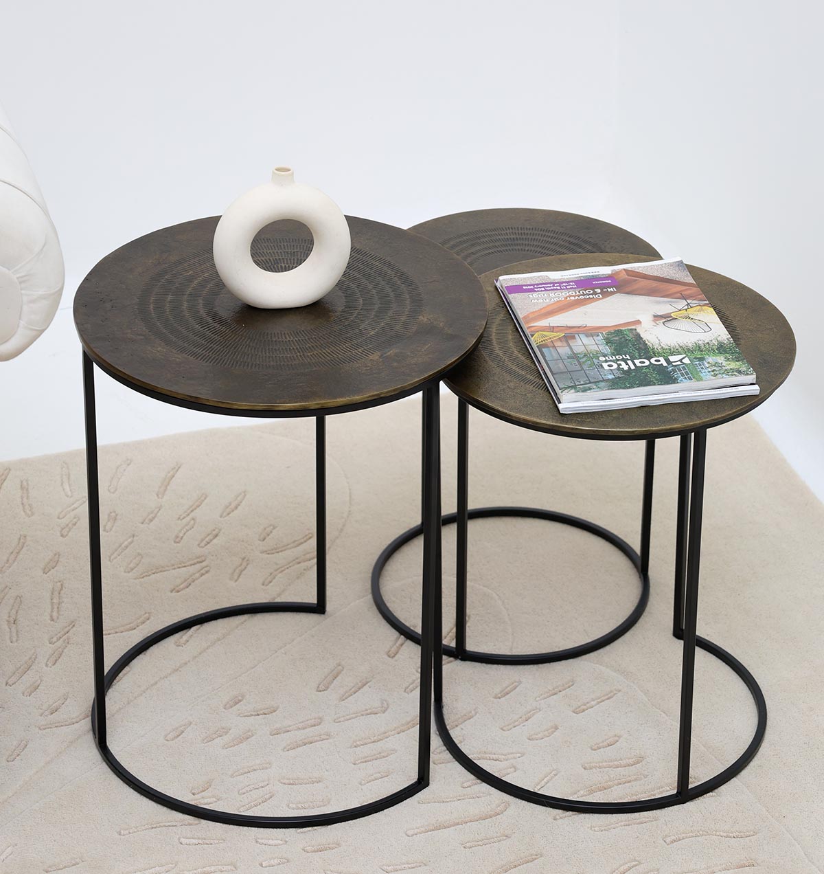 Set of 3 Modern Nesting Side Tables – Antique Brass Finish with Black Iron Base GH-070