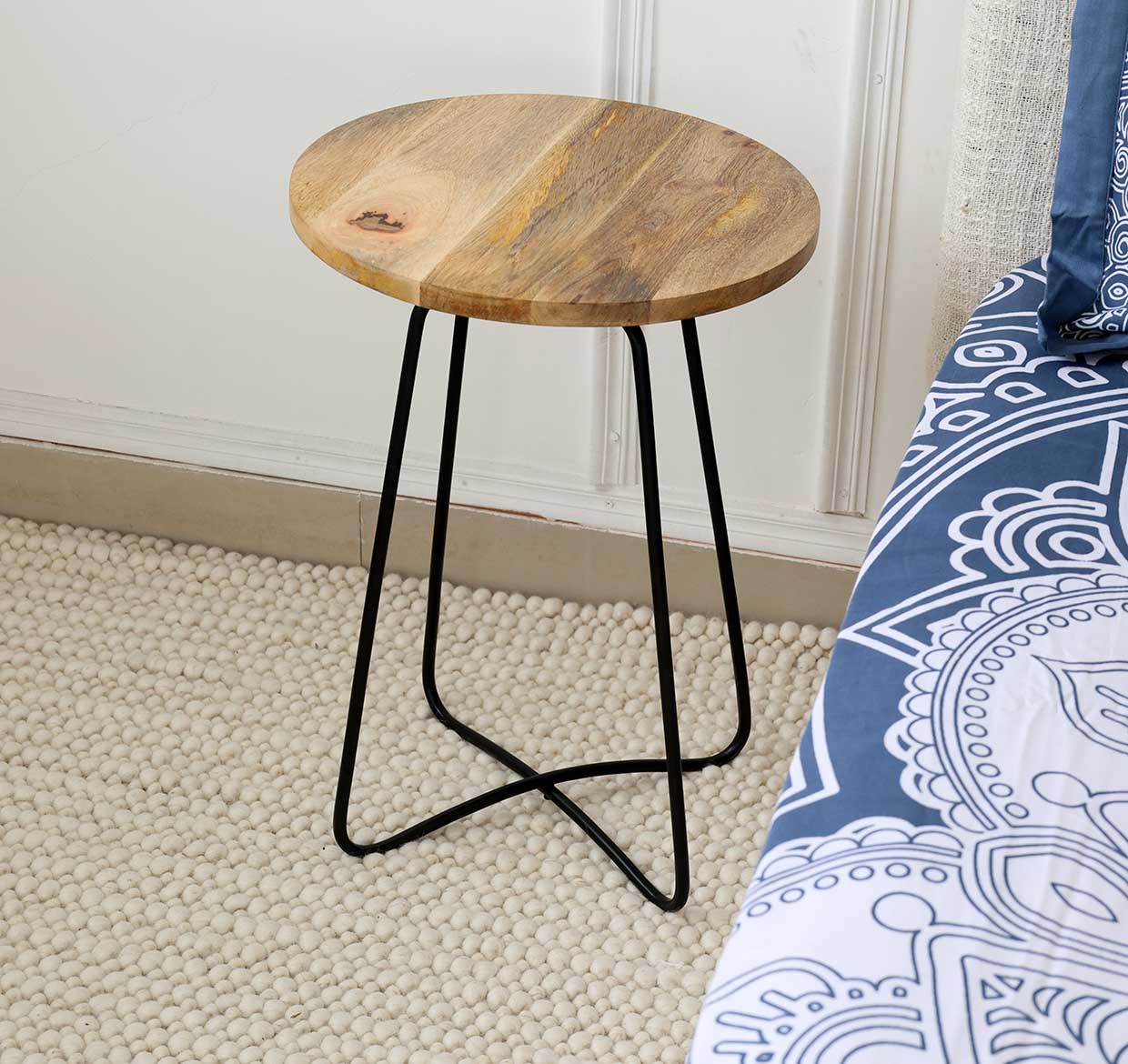 Modern Round Side Tables – Natural & Black Powder Finish with Black Iron Base GH-075-C