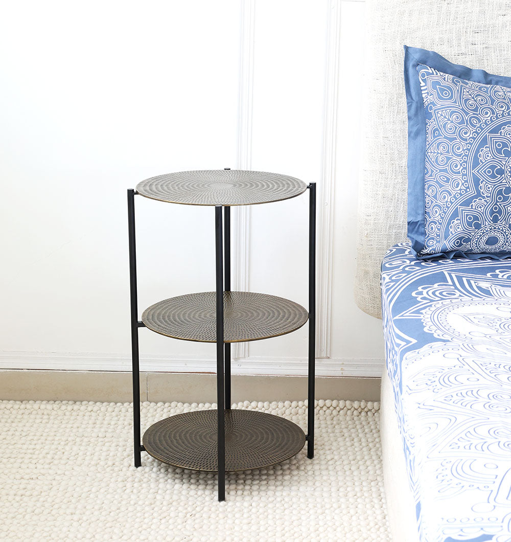 3-Tier Round Side Tables – Antique Brass Finish with Black Iron Base GH-075