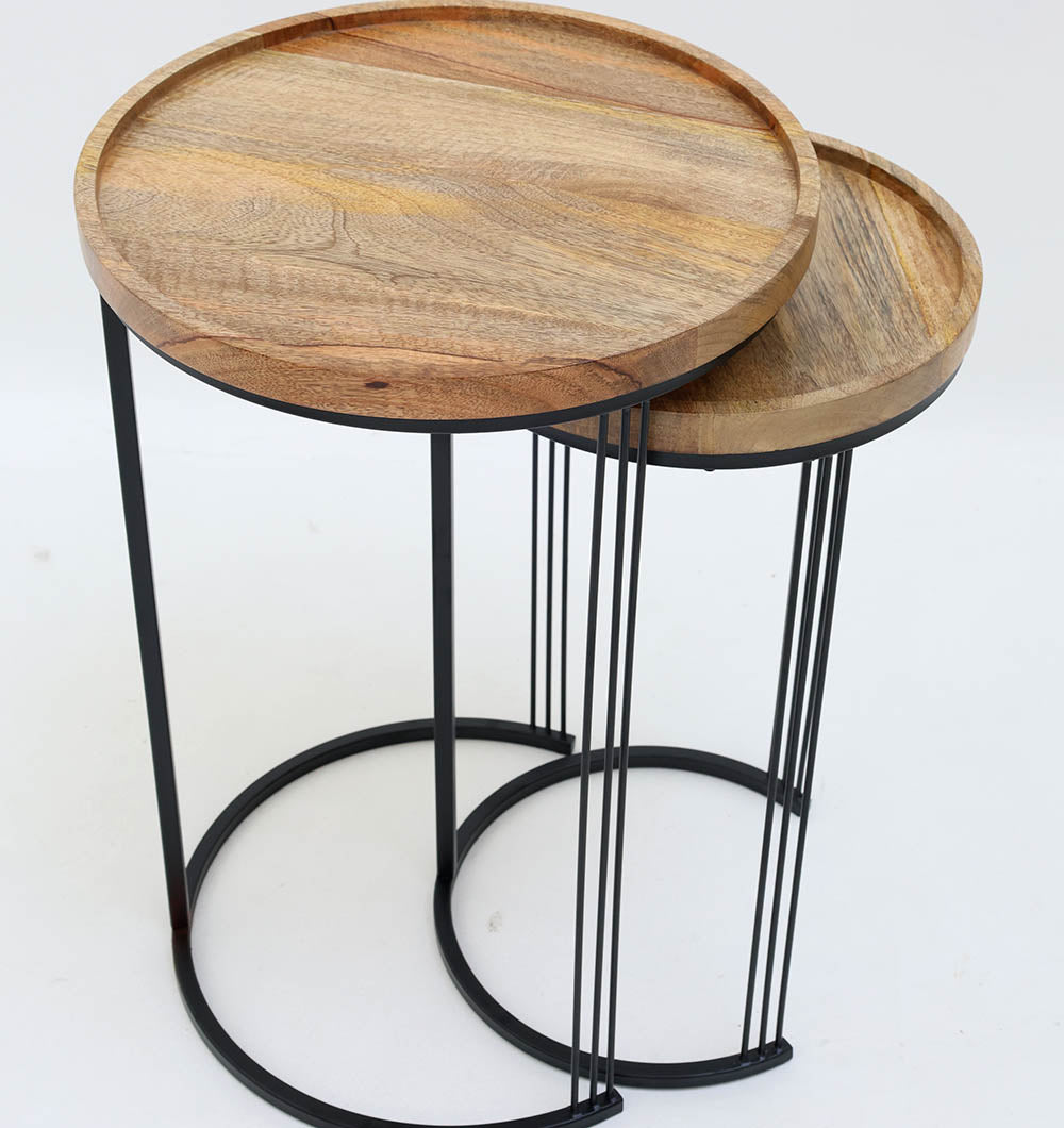 Set of 2 Wooden Nesting Side Tables – Solid Wood Tops with Black Iron Base GH-075-D