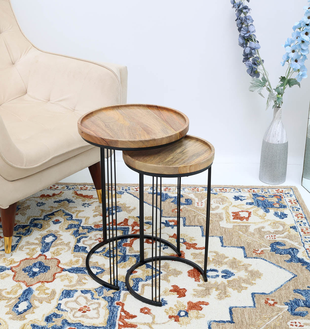 Set of 2 Wooden Nesting Side Tables – Solid Wood Tops with Black Iron Base GH-075-D