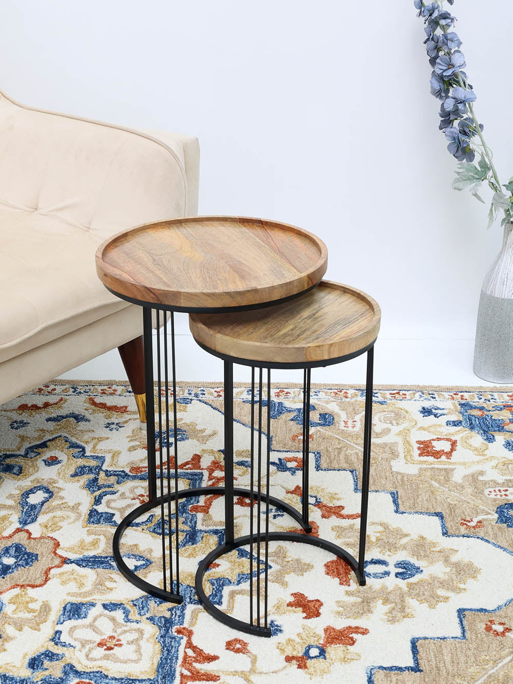 Set of 2 Wooden Nesting Side Tables – Solid Wood Tops with Black Iron Base GH-075-D