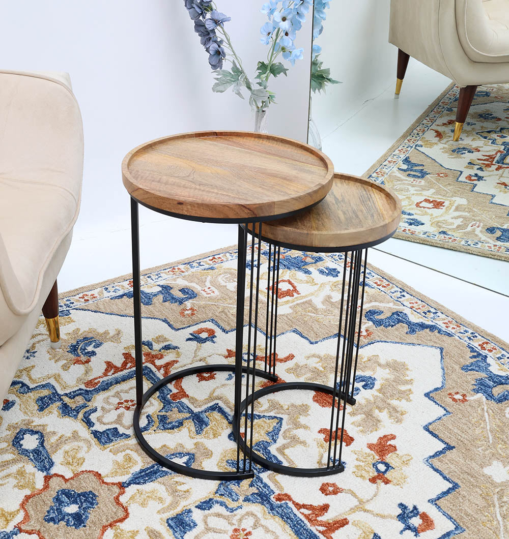 Set of 2 Wooden Nesting Side Tables – Solid Wood Tops with Black Iron Base GH-075-D