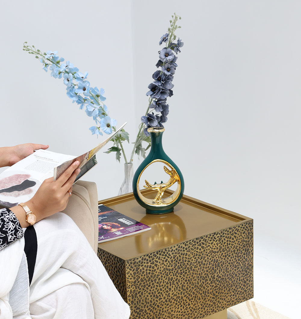 Luxury Square Iron Side Table – Golden Finish with Textured Design GH-086