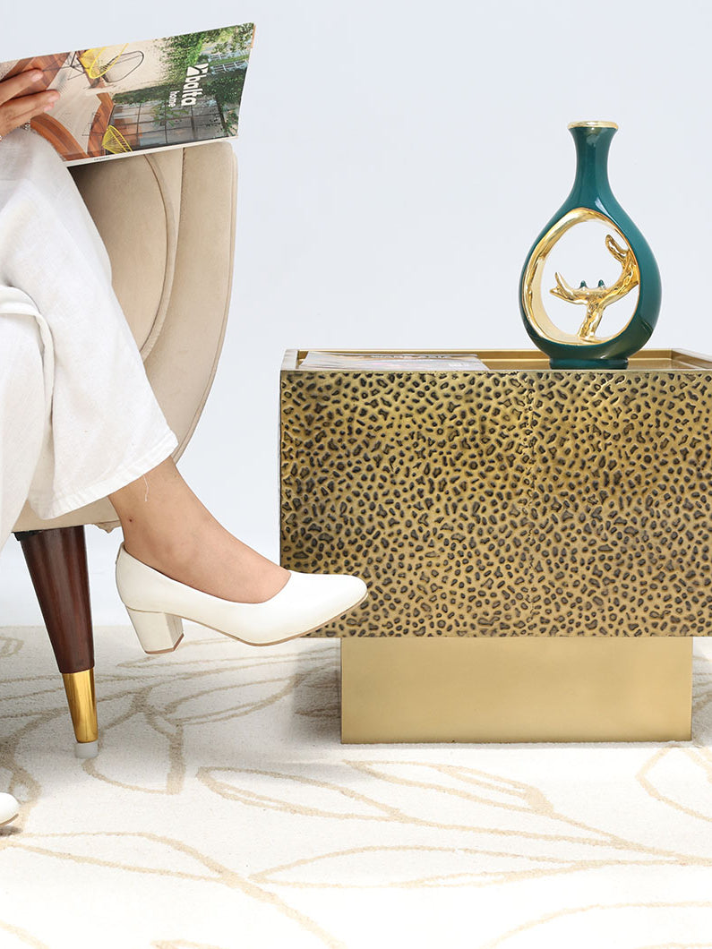 Luxury Square Iron Side Table – Golden Finish with Textured Design GH-086