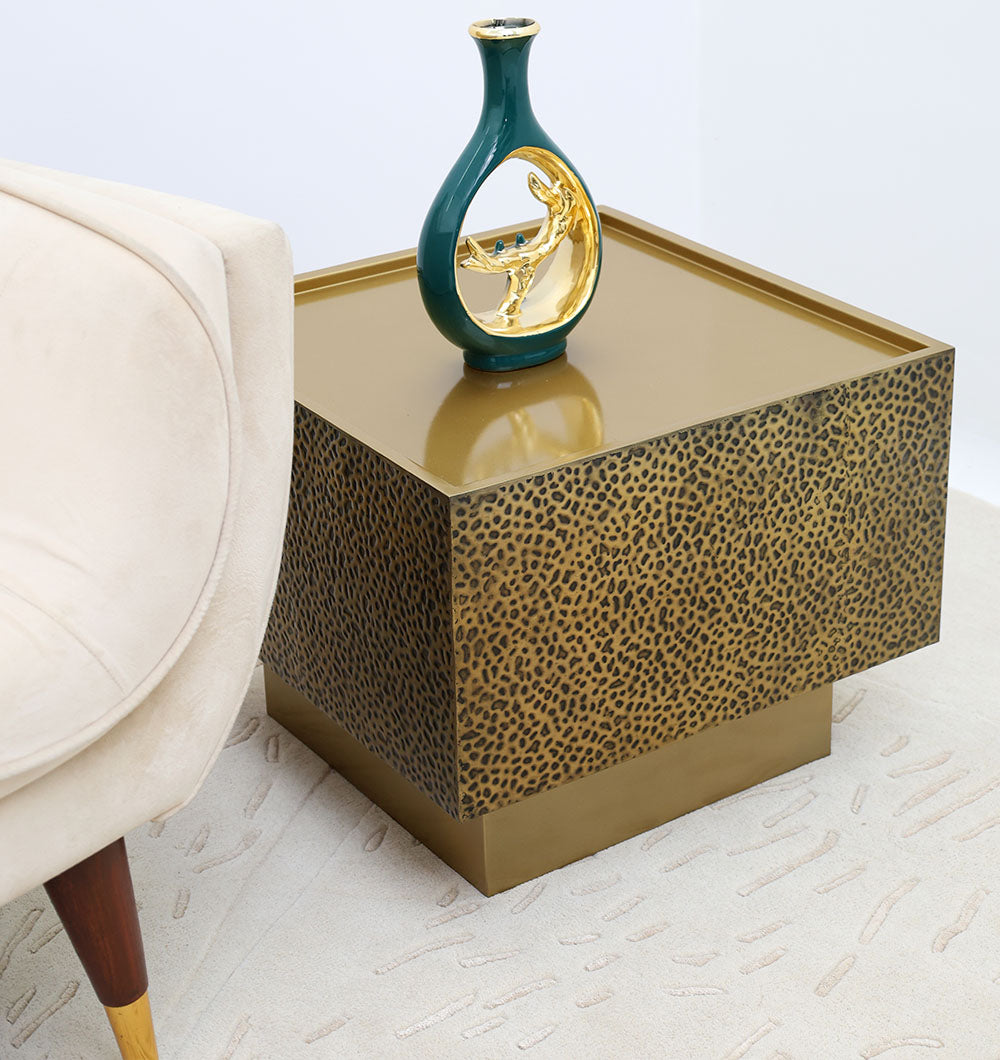 Luxury Square Iron Side Table – Golden Finish with Textured Design GH-086