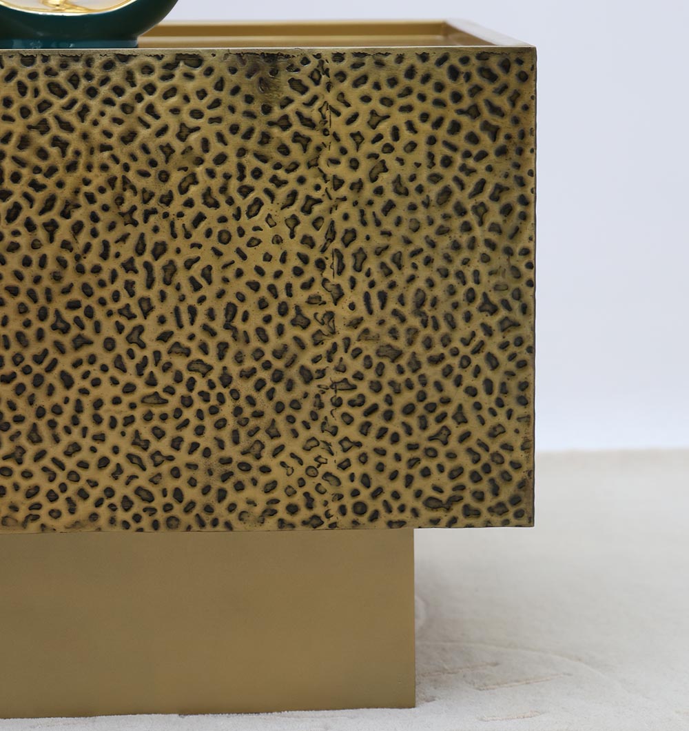 Luxury Square Iron Side Table – Golden Finish with Textured Design GH-086