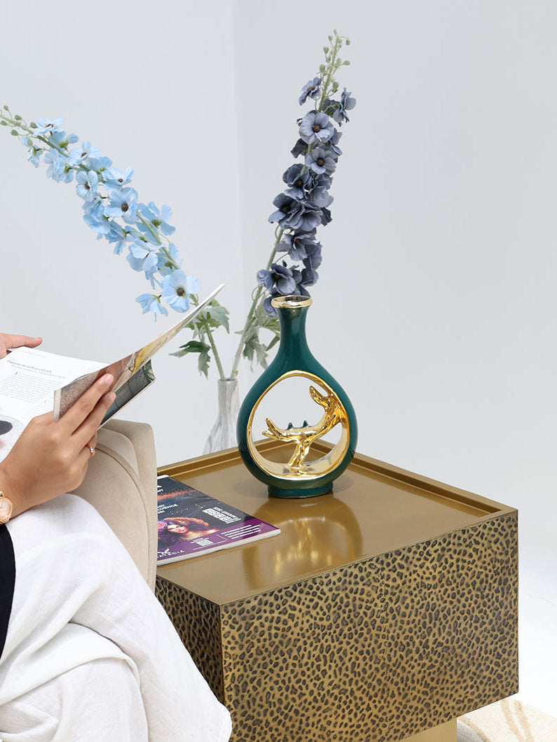 Luxury square iron side table in golden finish with textured leopard-inspired design GH-086