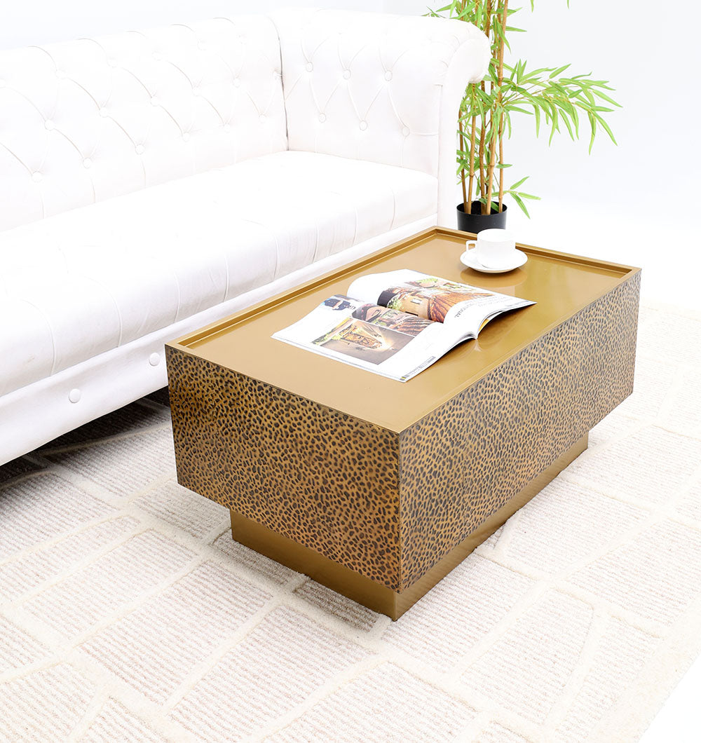 Crafted from premium iron, this side table offers a radiant gold surface and artistic texture.