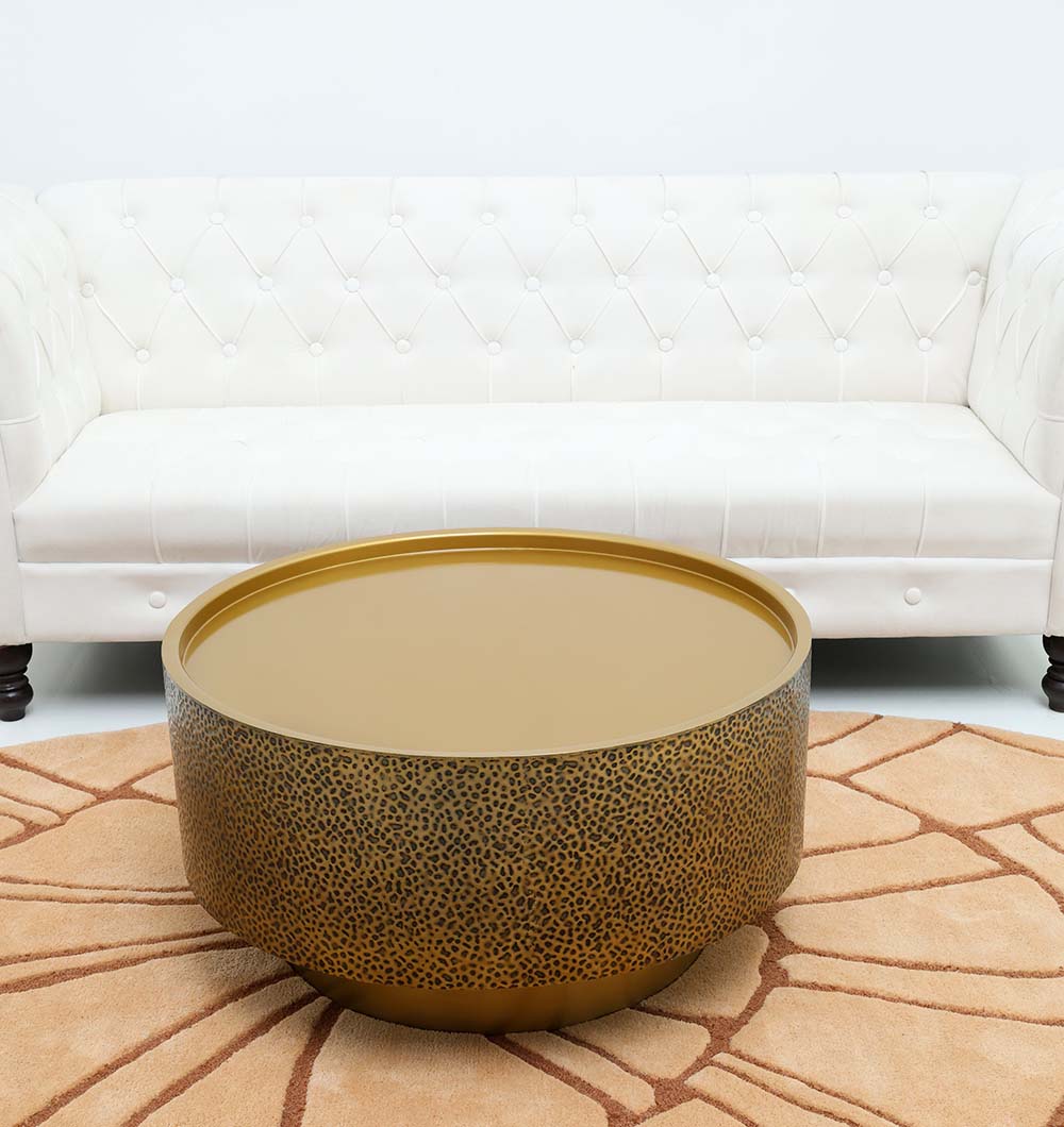 Luxury Round Iron Side Table – Golden Finish with Textured Design GH-090