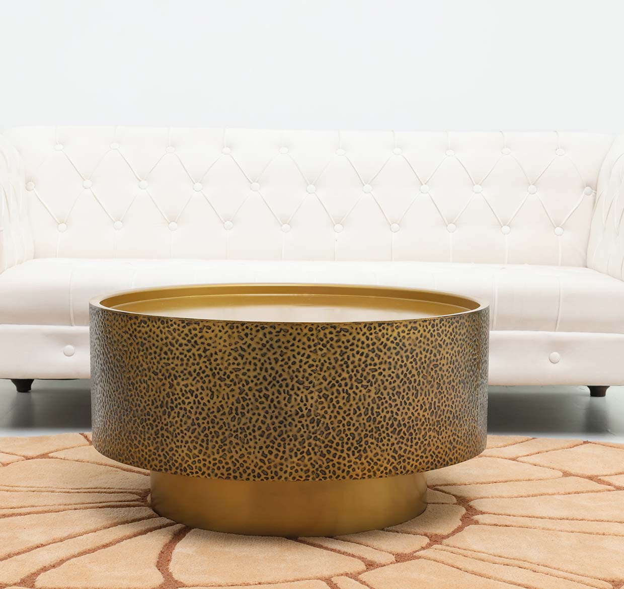 Luxury Round Iron Side Table – Golden Finish with Textured Design GH-090