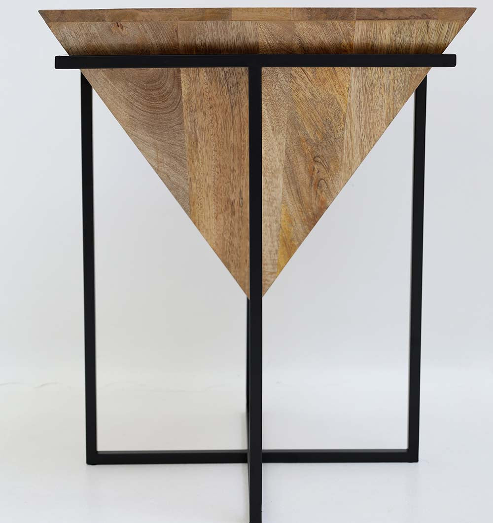 Elegant cone accent table crafted from solid wood and black iron.