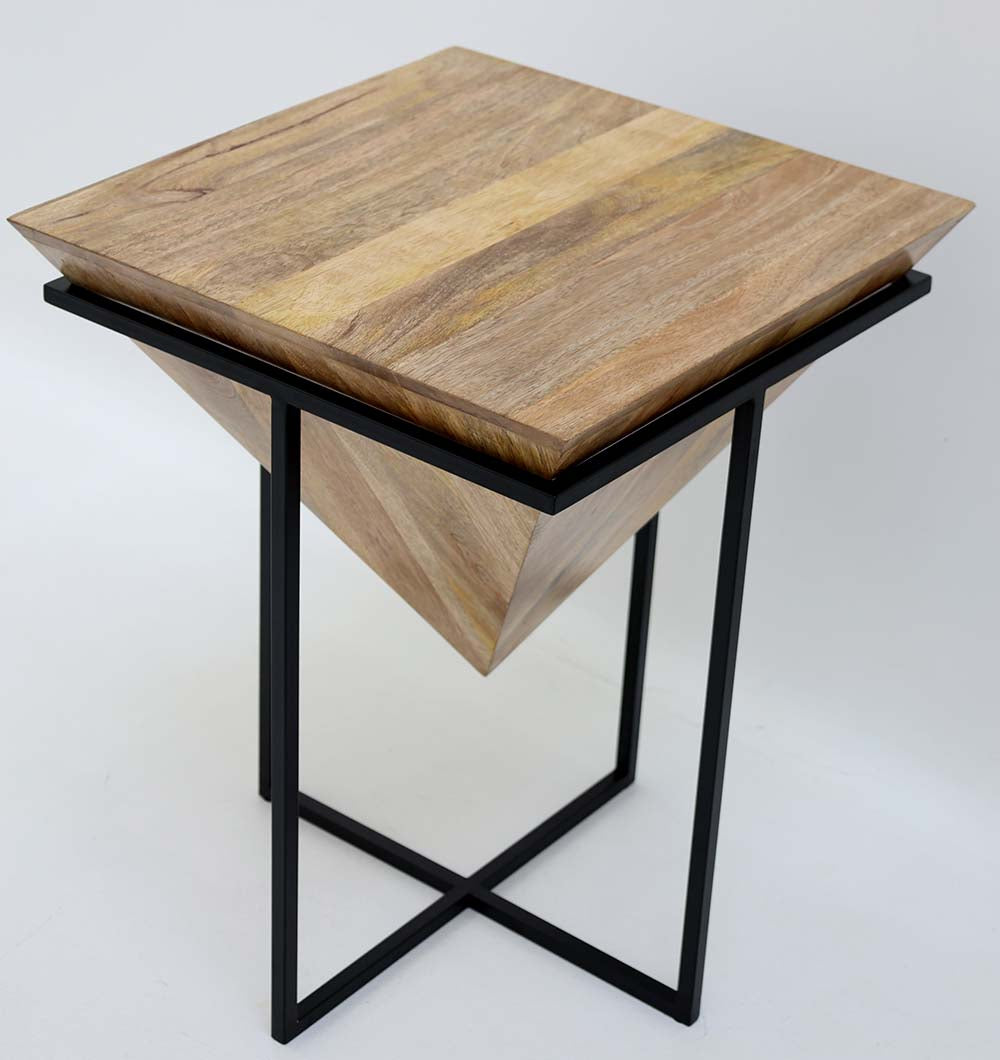 Refined side table with cone silhouette and mixed wood-metal materials.