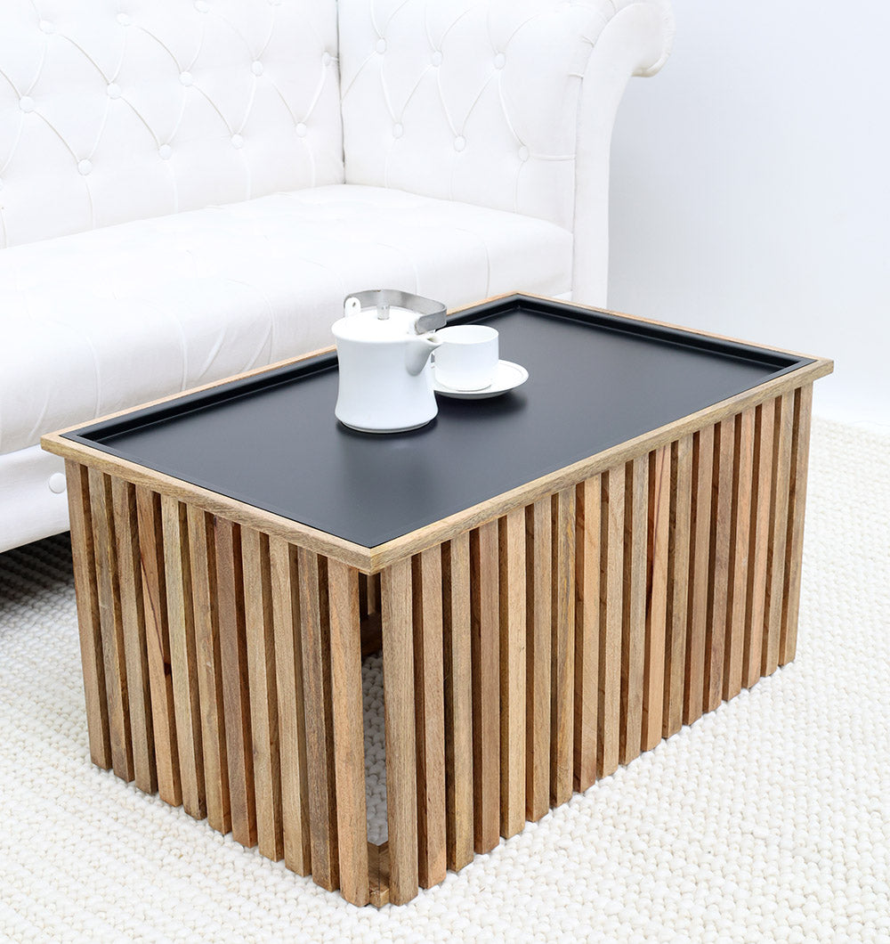 Modern wooden coffee table with square slatted design and metal base.