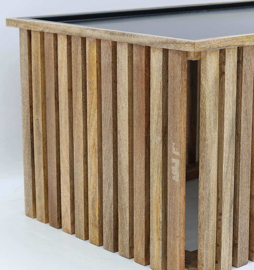 Modern accent table featuring square wooden slats and minimalist iron legs.