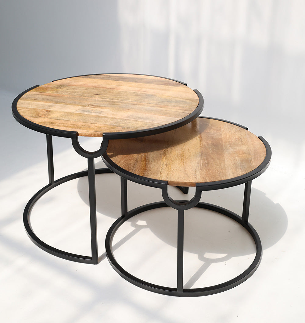 GH-094 nesting table set featuring smooth wooden tops and minimalist metal legs.