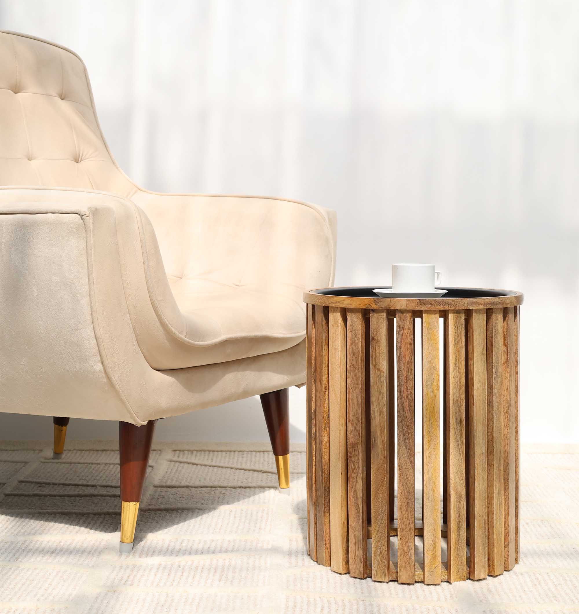 Accent table with cylindrical slatted wood and black iron base, model GH-097.