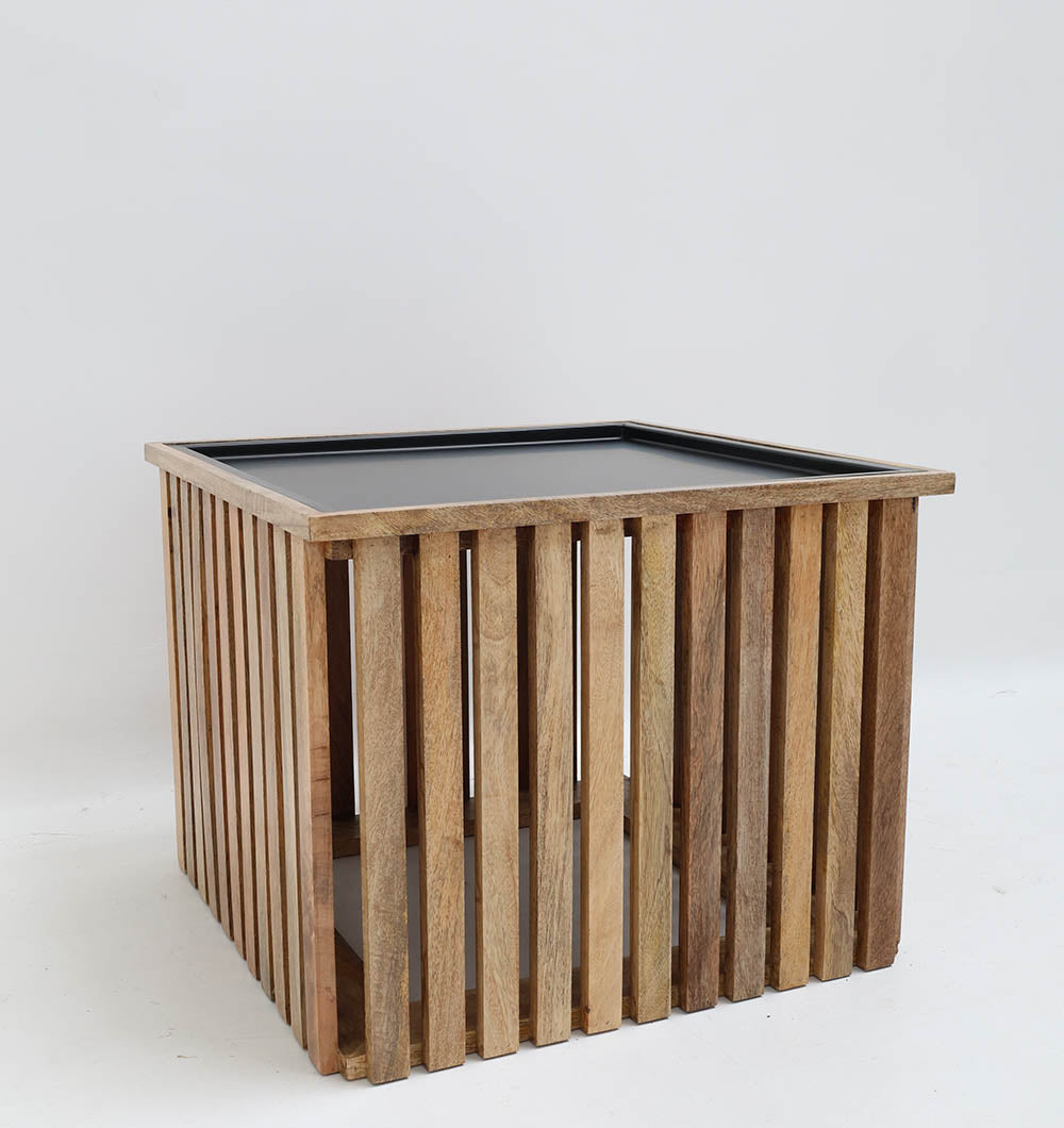 Minimalist coffee table with square slatted wood and sturdy iron support.