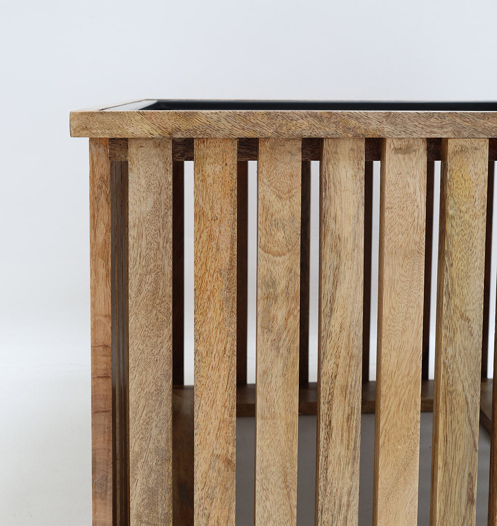 Stylish wooden and iron coffee table featuring a square slatted design.