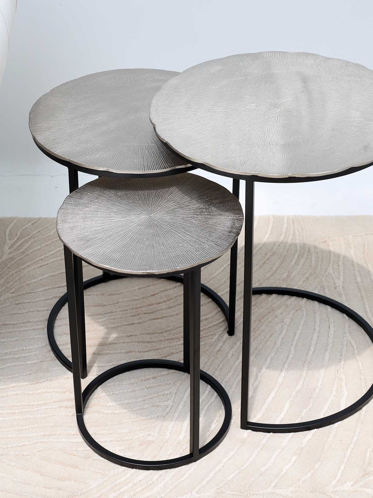 Set of 3 modern nesting side tables with antique brass tops and grey iron bases, GH-111-A.