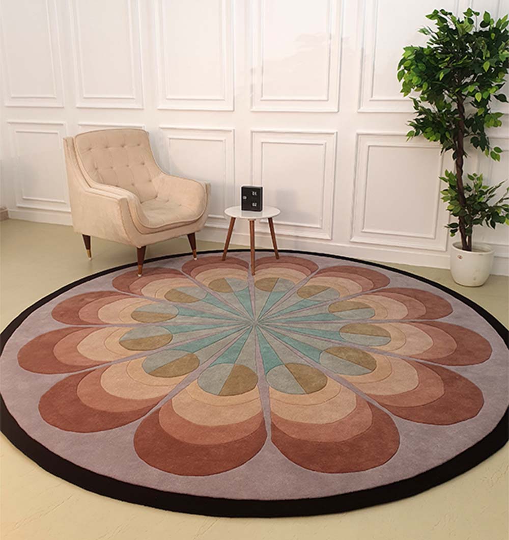 Circular floor accent defining a lounge space, showcasing the spectrum of colors and natural fiber surface.