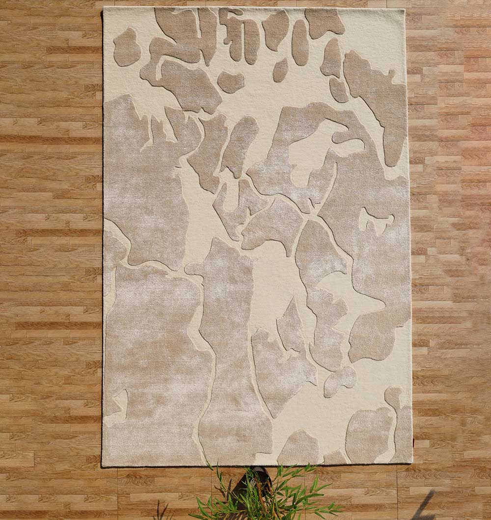 Artisanal handmade living room rug in a warm beige tone, meticulously crafted for a refined appearance.