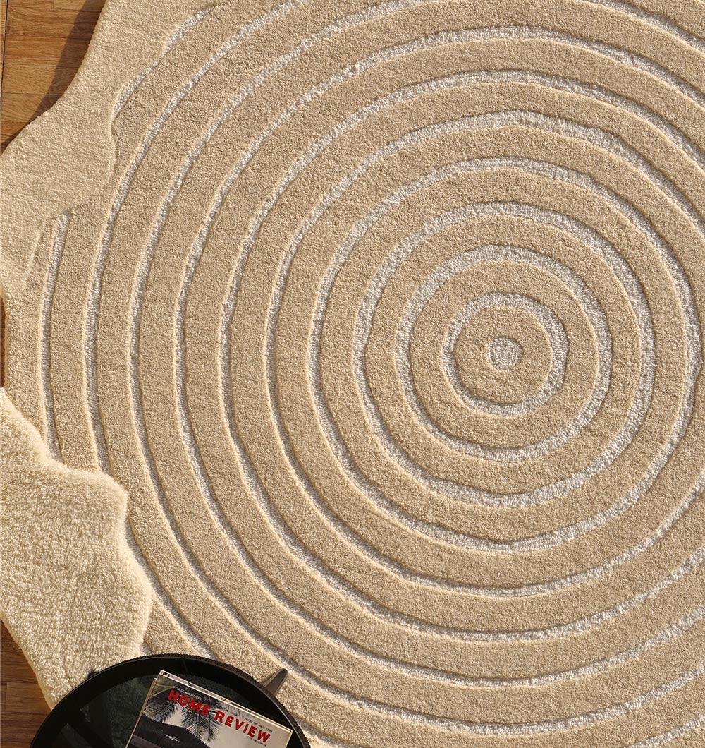 Extreme close-up of the rug's surface, highlighting the unique character and aesthetic sophistication of the natural f